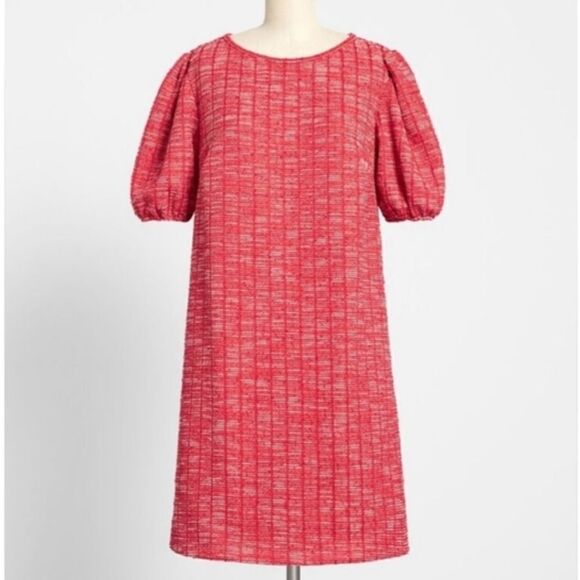 NWT ModCloth Red White Chic Shift Textured Dress Puff Sleeve Key Hole Closure - Picture 5 of 7